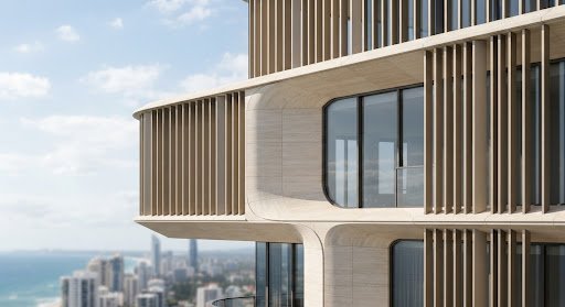 Traverten ve metal detaylı kıvrımlı cephe