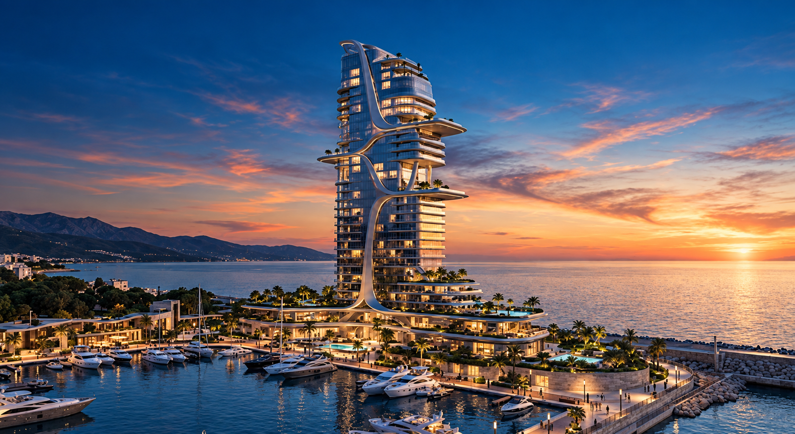 Gün batımında deniz kıyısındaki Beach Tower